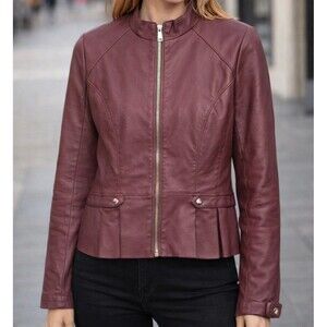 NWOT NY&Co Burgundy Vegan Faux Leather Peplum Moto Jacket size Medium